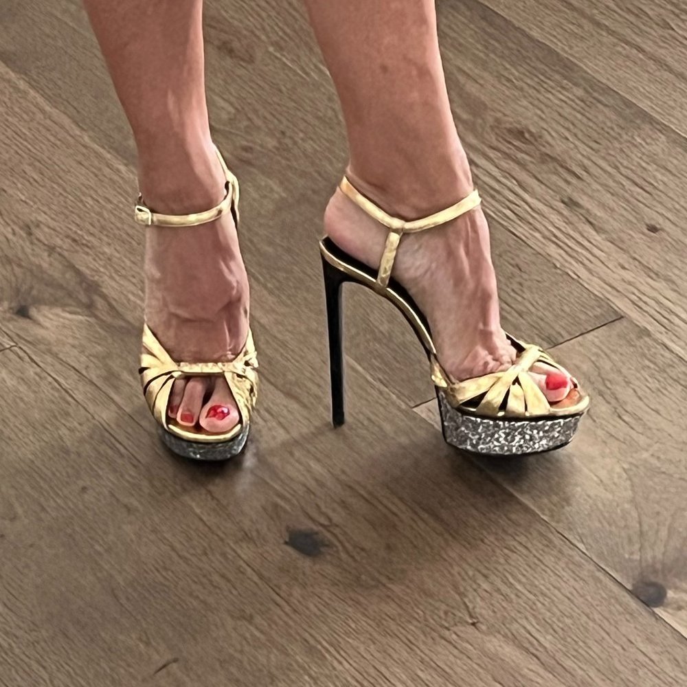 SAINT LAURENT Gold Snake Glitter Platform Heels